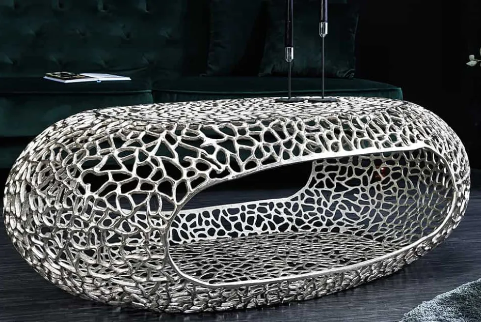 Handgearbeiteter Couchtisch ORGANIC 120cm silber Metall Blatt-Design mit Stauraum