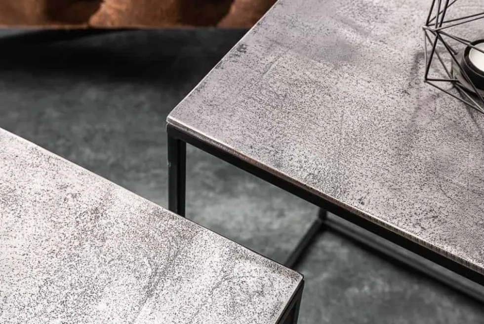 Handgearbeitetes Beistelltisch 2er Set ELEMENTS 40cm silber schwarz Couchtisch