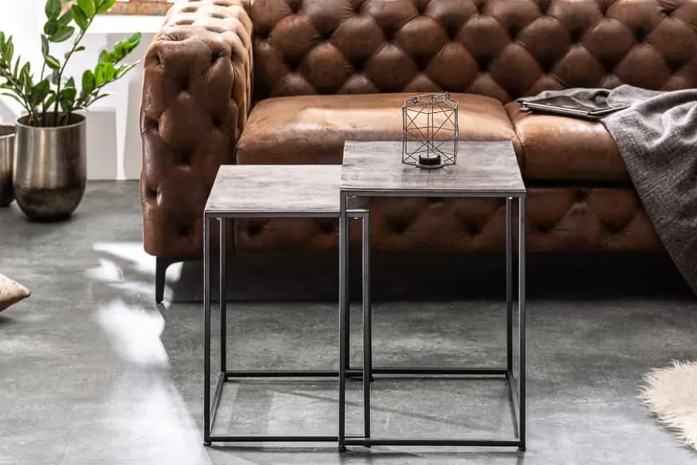 Handgearbeitetes Beistelltisch 2er Set ELEMENTS 40cm silber schwarz Couchtisch