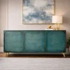 Handgearbeitetes Sideboard GOLDEN SUNSET 140cm türkis mit 3D Schnitzereien gold Mangoholz Metallbeine
