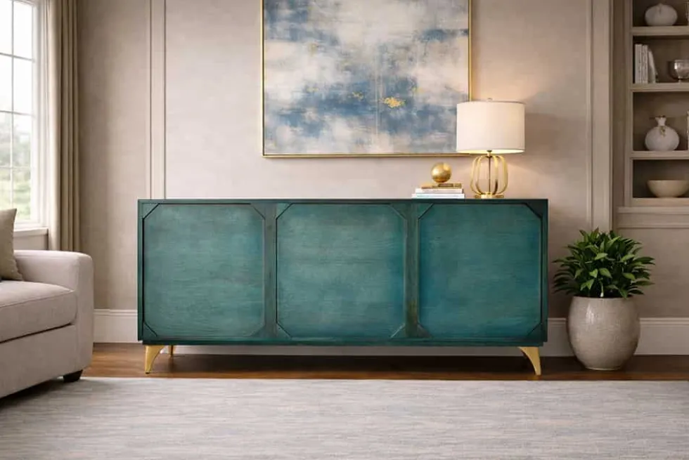 Handgearbeitetes Sideboard GOLDEN SUNSET 140cm türkis mit 3D Schnitzereien gold Mangoholz Metallbeine