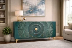 Handgearbeitetes Sideboard GOLDEN SUNSET 140cm türkis mit 3D Schnitzereien gold Mangoholz Metallbeine