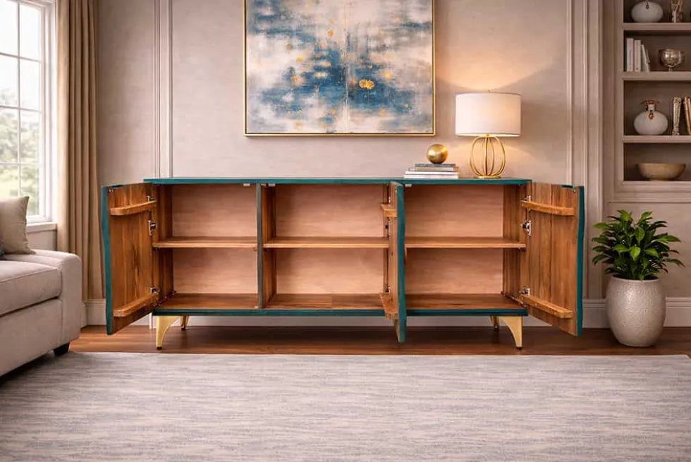 Handgearbeitetes Sideboard GOLDEN SUNSET 140cm türkis mit 3D Schnitzereien gold Mangoholz Metallbeine