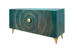 Handgearbeitetes Sideboard GOLDEN SUNSET 140cm türkis mit 3D Schnitzereien gold Mangoholz Metallbeine