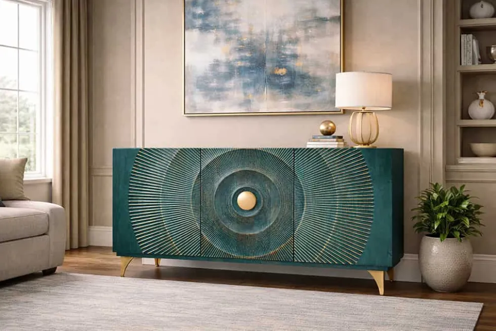Handgearbeitetes Sideboard GOLDEN SUNSET 140cm türkis mit 3D Schnitzereien gold Mangoholz Metallbeine