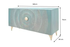 Handgearbeitetes Sideboard GOLDEN SUNSET 140cm türkis mit 3D Schnitzereien gold Mangoholz Metallbeine
