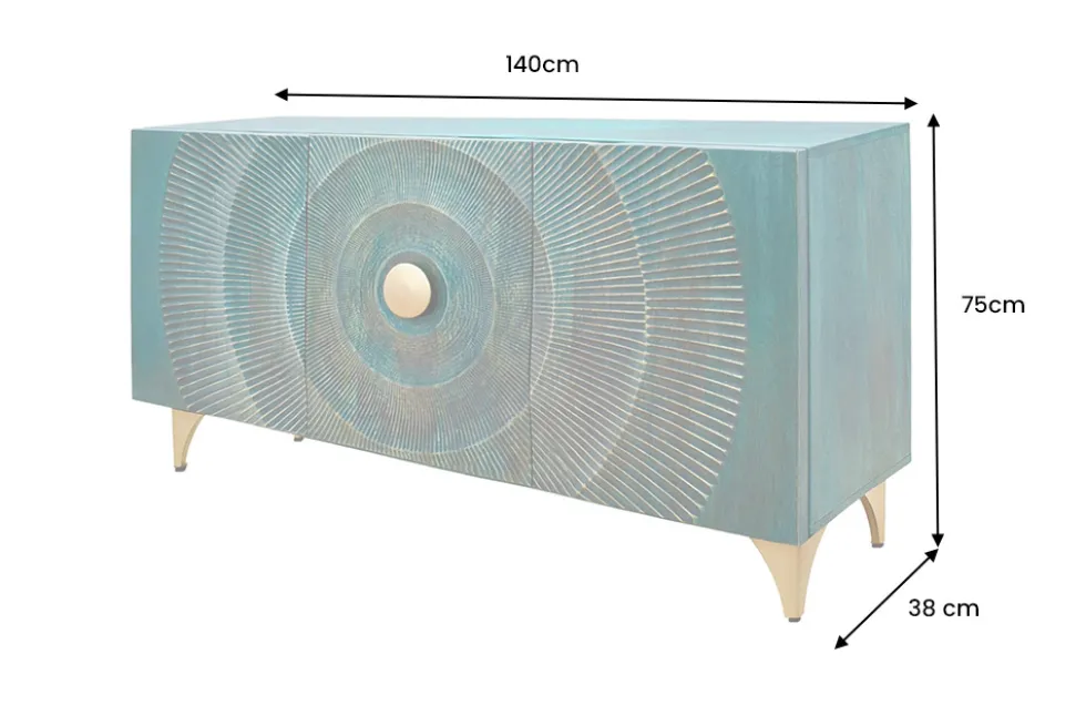 Handgearbeitetes Sideboard GOLDEN SUNSET 140cm türkis mit 3D Schnitzereien gold Mangoholz Metallbeine