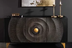 Handgearbeitetes Sideboard GOLDEN SUNSET 140cm schwarz mit 3D Schnitzereien gold Mangoholz Metallbeine
