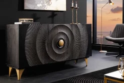 Handgearbeitetes Sideboard GOLDEN SUNSET 140cm schwarz mit 3D Schnitzereien gold Mangoholz Metallbeine