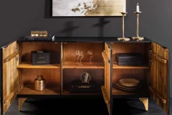 Handgearbeitetes Sideboard GOLDEN SUNSET 140cm schwarz mit 3D Schnitzereien gold Mangoholz Metallbeine