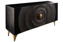 Handgearbeitetes Sideboard GOLDEN SUNSET 140cm schwarz mit 3D Schnitzereien gold Mangoholz Metallbeine