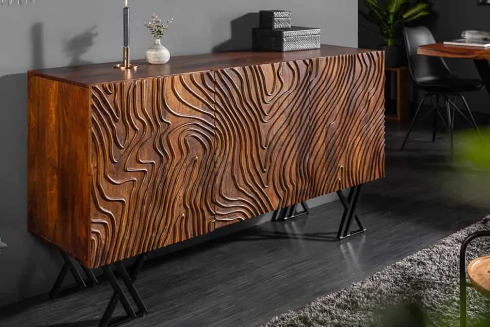 Handgearbeitetes Sideboard FLUID 160cm Mangoholz mit aufwendigen 3D Schnitzereien