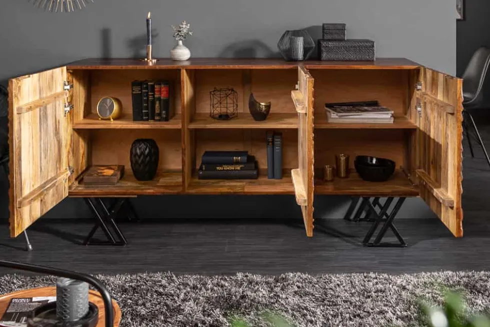 Handgearbeitetes Sideboard FLUID 160cm Mangoholz mit aufwendigen 3D Schnitzereien