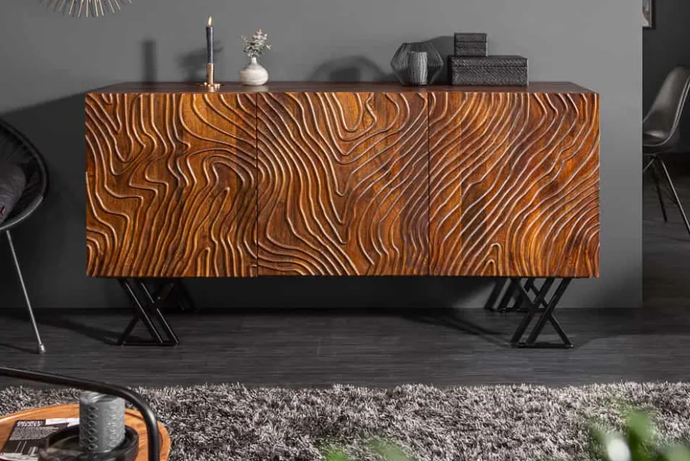 Handgearbeitetes Sideboard FLUID 160cm Mangoholz mit aufwendigen 3D Schnitzereien