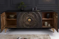 Handgearbeitetes Sideboard GOLDEN SUNSET 180cm schwarz mit 3D Schnitzereien gold Mangoholz Metallbeine