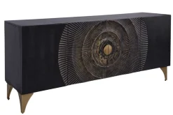 Handgearbeitetes Sideboard GOLDEN SUNSET 180cm schwarz mit 3D Schnitzereien gold Mangoholz Metallbeine
