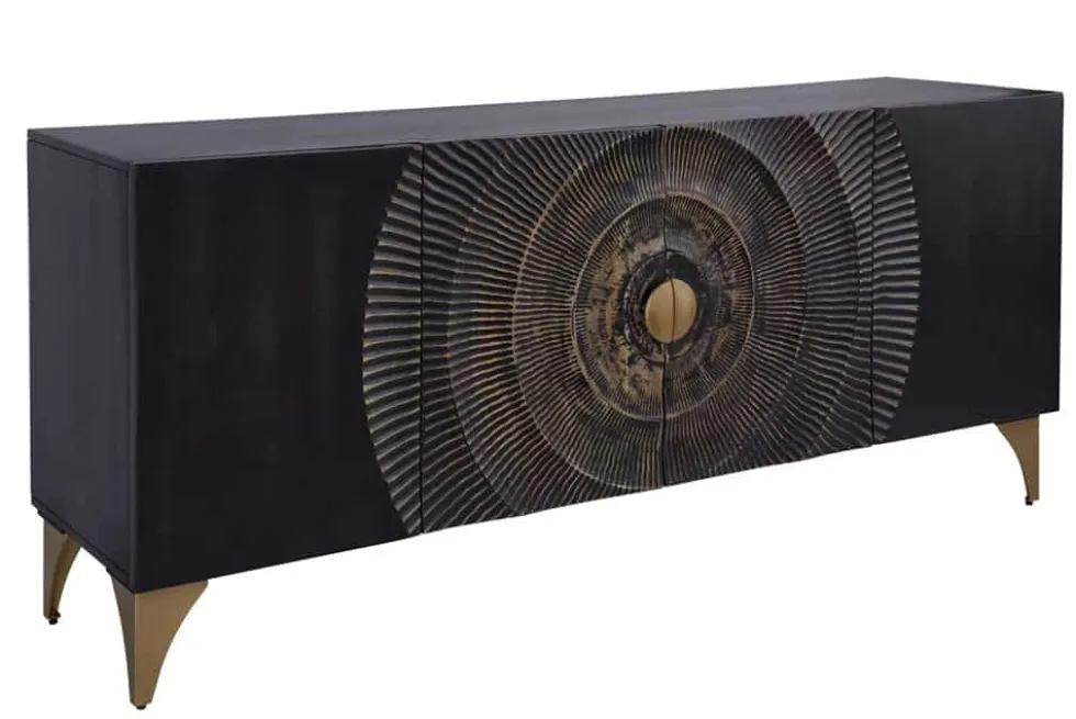 Handgearbeitetes Sideboard GOLDEN SUNSET 180cm schwarz mit 3D Schnitzereien gold Mangoholz Metallbeine