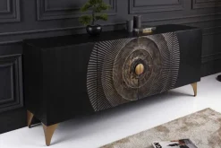 Handgearbeitetes Sideboard GOLDEN SUNSET 180cm schwarz mit 3D Schnitzereien gold Mangoholz Metallbeine