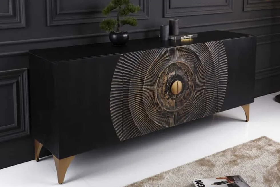 Handgearbeitetes Sideboard GOLDEN SUNSET 180cm schwarz mit 3D Schnitzereien gold Mangoholz Metallbeine