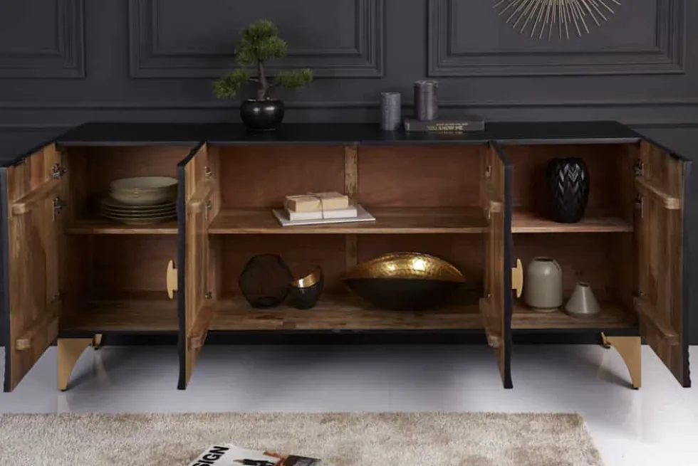 Handgearbeitetes Sideboard GOLDEN SUNSET 180cm schwarz mit 3D Schnitzereien gold Mangoholz Metallbeine