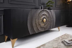 Handgearbeitetes Sideboard GOLDEN SUNSET 180cm schwarz mit 3D Schnitzereien gold Mangoholz Metallbeine