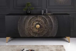 Handgearbeitetes Sideboard GOLDEN SUNSET 180cm schwarz mit 3D Schnitzereien gold Mangoholz Metallbeine