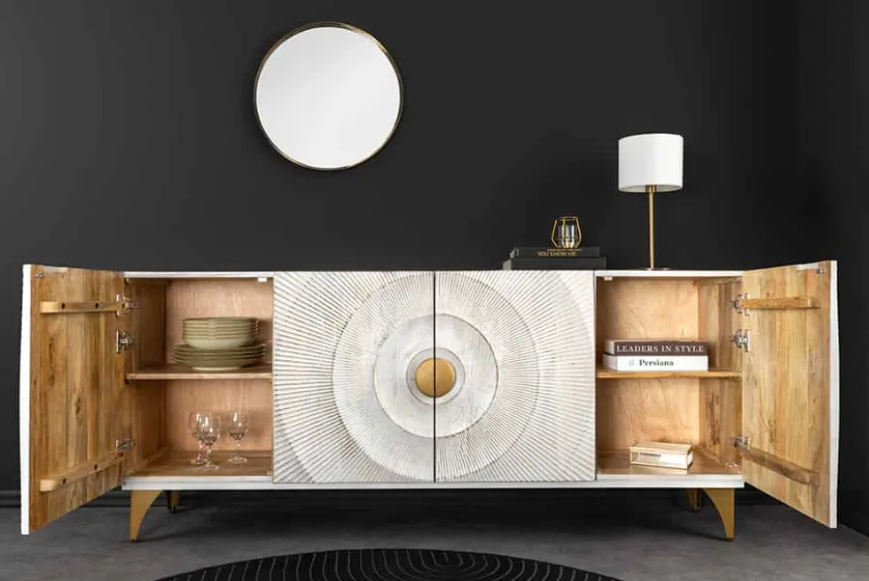Handgearbeitetes Sideboard GOLDEN SUNSET 180cm weiß gold Mangoholz Metallbeine