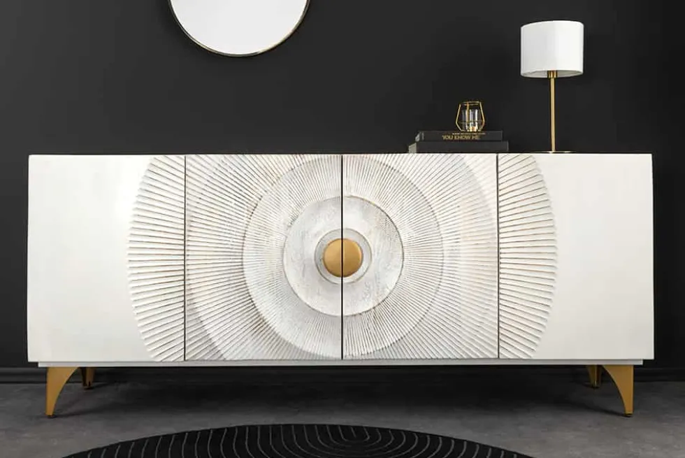 Handgearbeitetes Sideboard GOLDEN SUNSET 180cm weiß gold Mangoholz Metallbeine