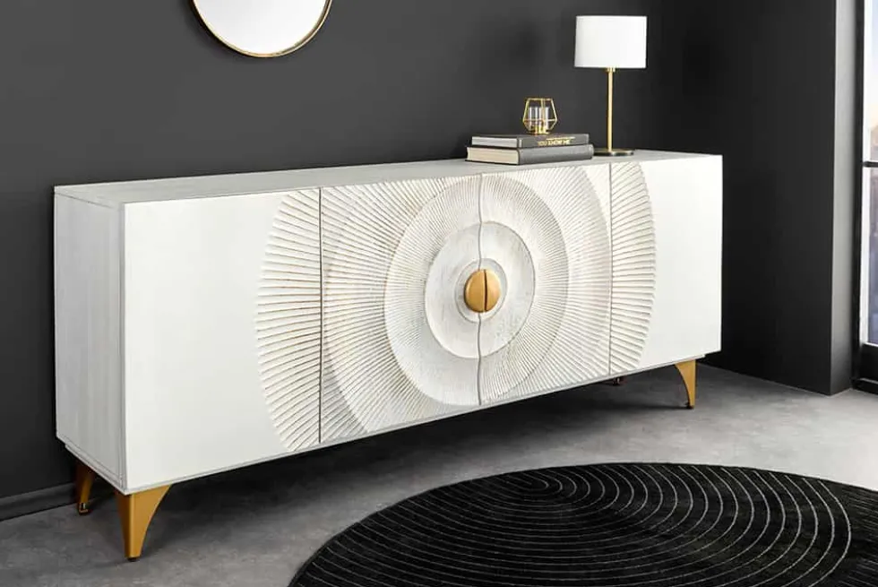 Handgearbeitetes Sideboard GOLDEN SUNSET 180cm weiß gold Mangoholz Metallbeine