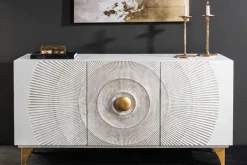 Handgearbeitetes Sideboard GOLDEN SUNSET 140cm weiß mit 3D Schnitzereien gold Mangoholz Metallbeine