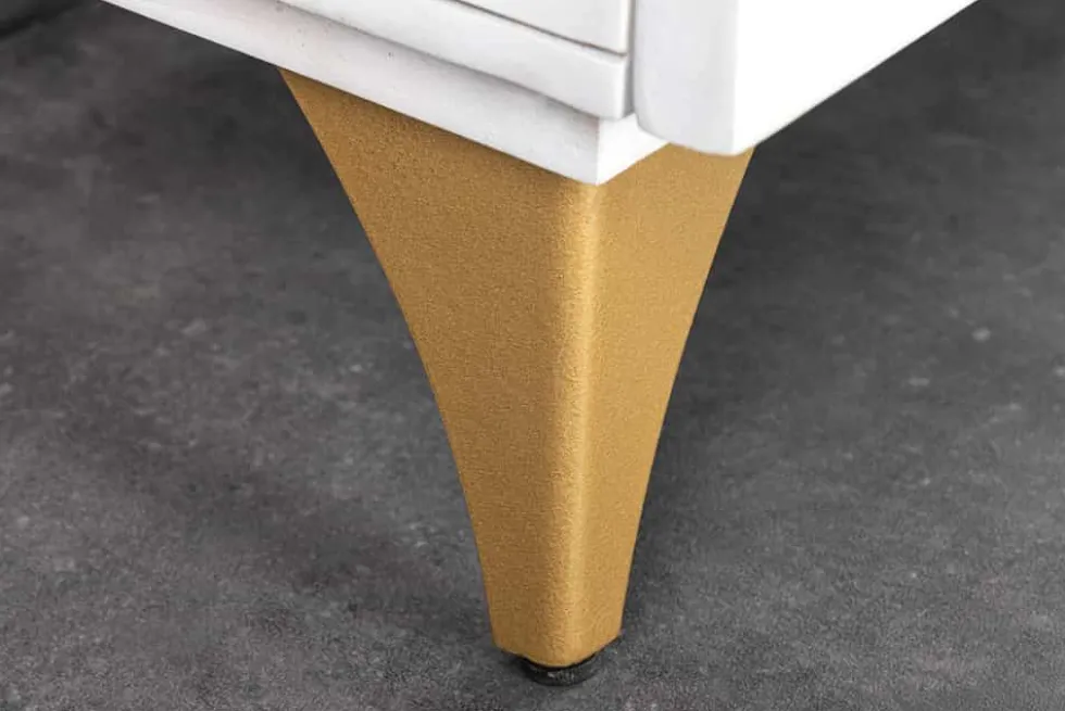 Handgearbeitetes Sideboard GOLDEN SUNSET 140cm weiß mit 3D Schnitzereien gold Mangoholz Metallbeine