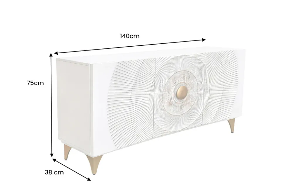 Handgearbeitetes Sideboard GOLDEN SUNSET 140cm weiß mit 3D Schnitzereien gold Mangoholz Metallbeine