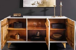 Handgearbeitetes Sideboard GOLDEN SUNSET 140cm weiß mit 3D Schnitzereien gold Mangoholz Metallbeine