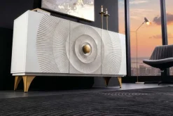 Handgearbeitetes Sideboard GOLDEN SUNSET 140cm weiß mit 3D Schnitzereien gold Mangoholz Metallbeine