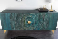 Handgearbeitetes Sideboard GOLDEN SUNSET 180cm türkis gold Mangoholz Metallbeine