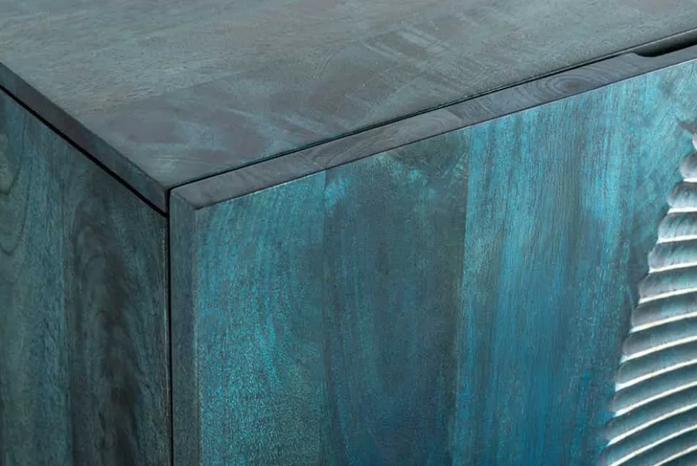 Handgearbeitetes Sideboard GOLDEN SUNSET 180cm türkis gold Mangoholz Metallbeine