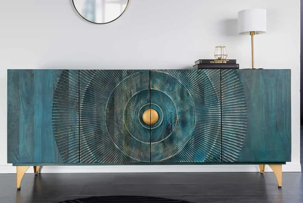 Handgearbeitetes Sideboard GOLDEN SUNSET 180cm türkis gold Mangoholz Metallbeine