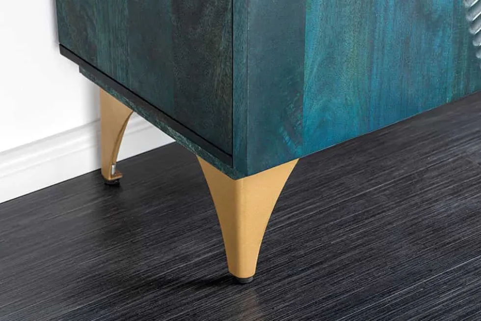 Handgearbeitetes Sideboard GOLDEN SUNSET 180cm türkis gold Mangoholz Metallbeine
