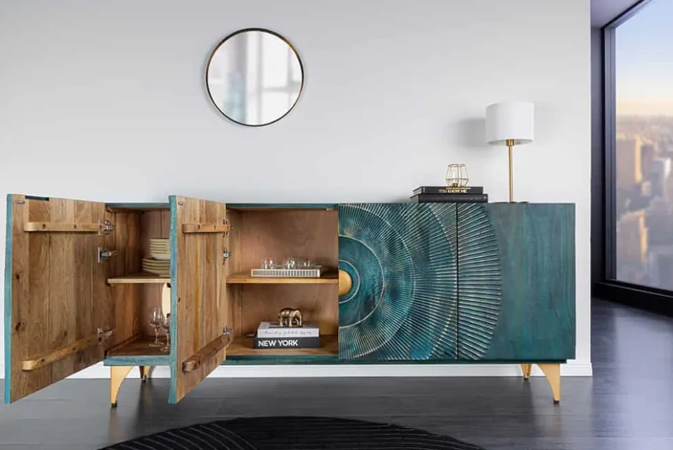 Handgearbeitetes Sideboard GOLDEN SUNSET 180cm türkis gold Mangoholz Metallbeine