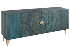 Handgearbeitetes Sideboard GOLDEN SUNSET 180cm türkis gold Mangoholz Metallbeine