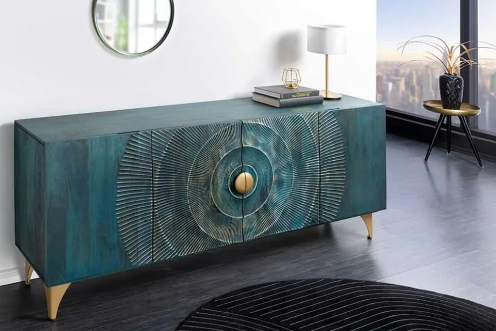 Handgearbeitetes Sideboard GOLDEN SUNSET 180cm türkis gold Mangoholz Metallbeine