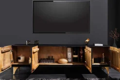 Handgearbeitetes TV-Lowboard GOLDEN SUNSET 180cm schwarz mit 3D Schnitzereien gold Mangoholz massiv Metallfüße