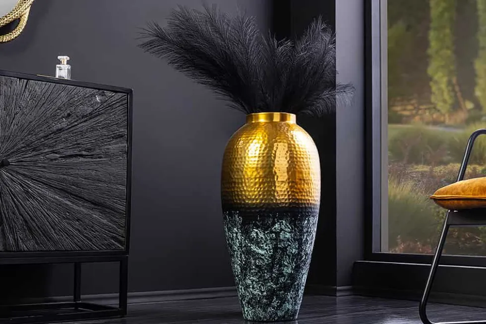 Handgefertigte Deko Vase ORIENT M 50cm gold Metall mit Patina Hammerschlag Design