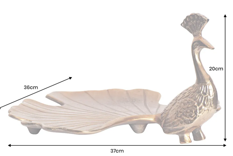 Handgefertigte Servierplatte WILDLIFE PEACOCK 40cm gold Metall Pfauen-Skulptur