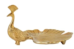 Handgefertigte Servierplatte WILDLIFE PEACOCK 40cm gold Metall Pfauen-Skulptur