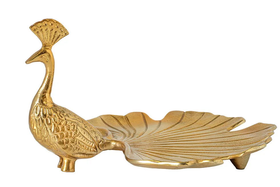 Handgefertigte Servierplatte WILDLIFE PEACOCK 40cm gold Metall Pfauen-Skulptur
