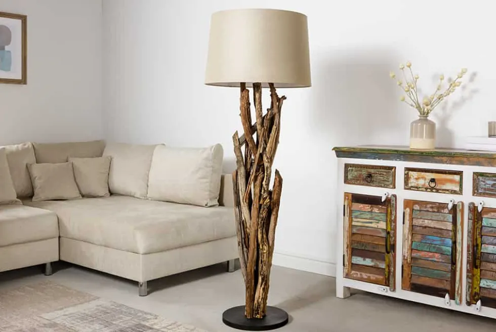 Handgefertigte Stehlampe WILD NATURE 158cm natur Treibholz Stehleuchte Leinenschirm