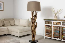 Handgefertigte Stehlampe WILD NATURE 158cm grau Treibholz Stehleuchte Leinenschirm