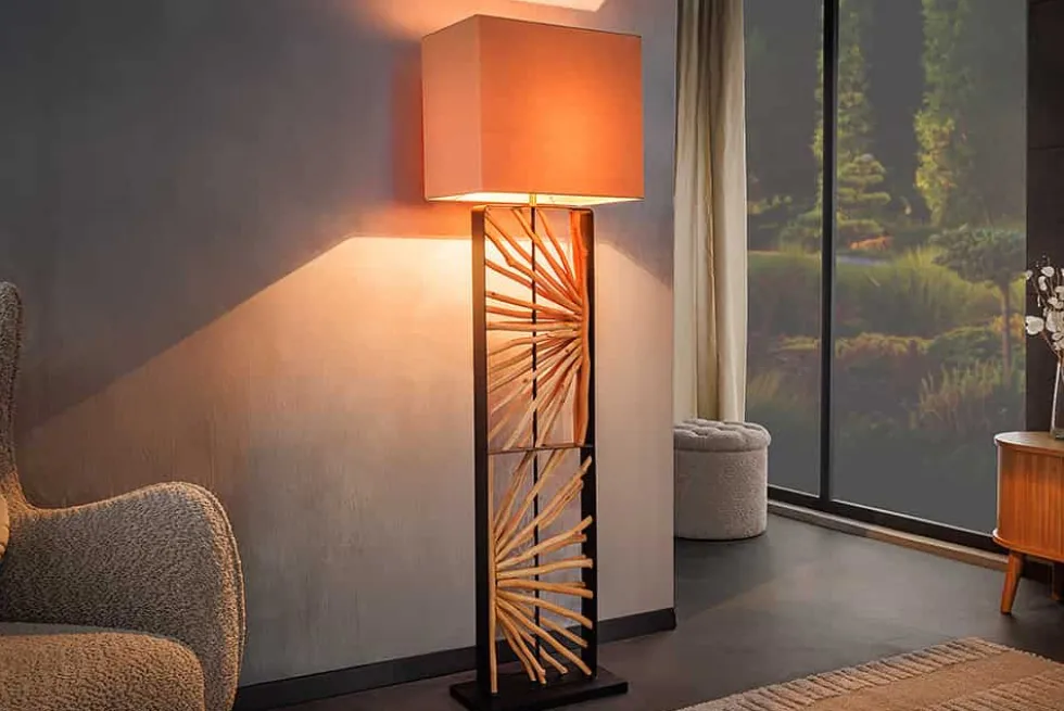 Handgefertigte Stehlampe EUPHORIA 165cm natur Longanholz beige mit Lampenschirm