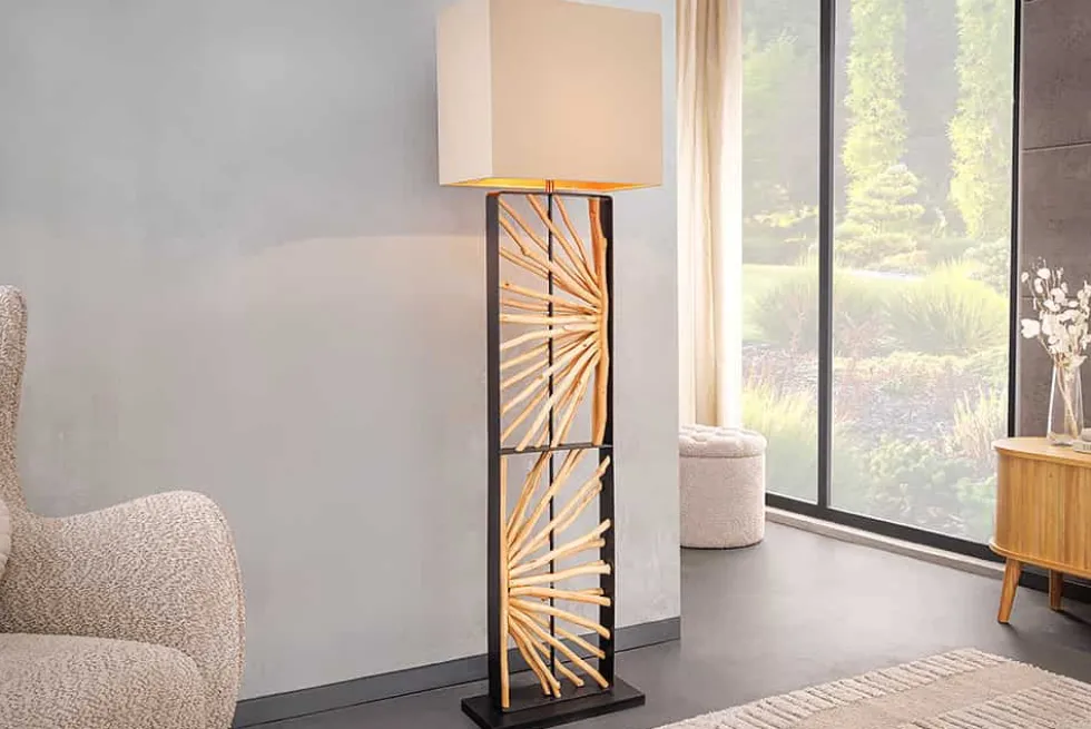 Handgefertigte Stehlampe EUPHORIA 165cm natur Longanholz beige mit Lampenschirm